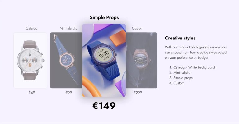 Product photography pricing, Creative style cost