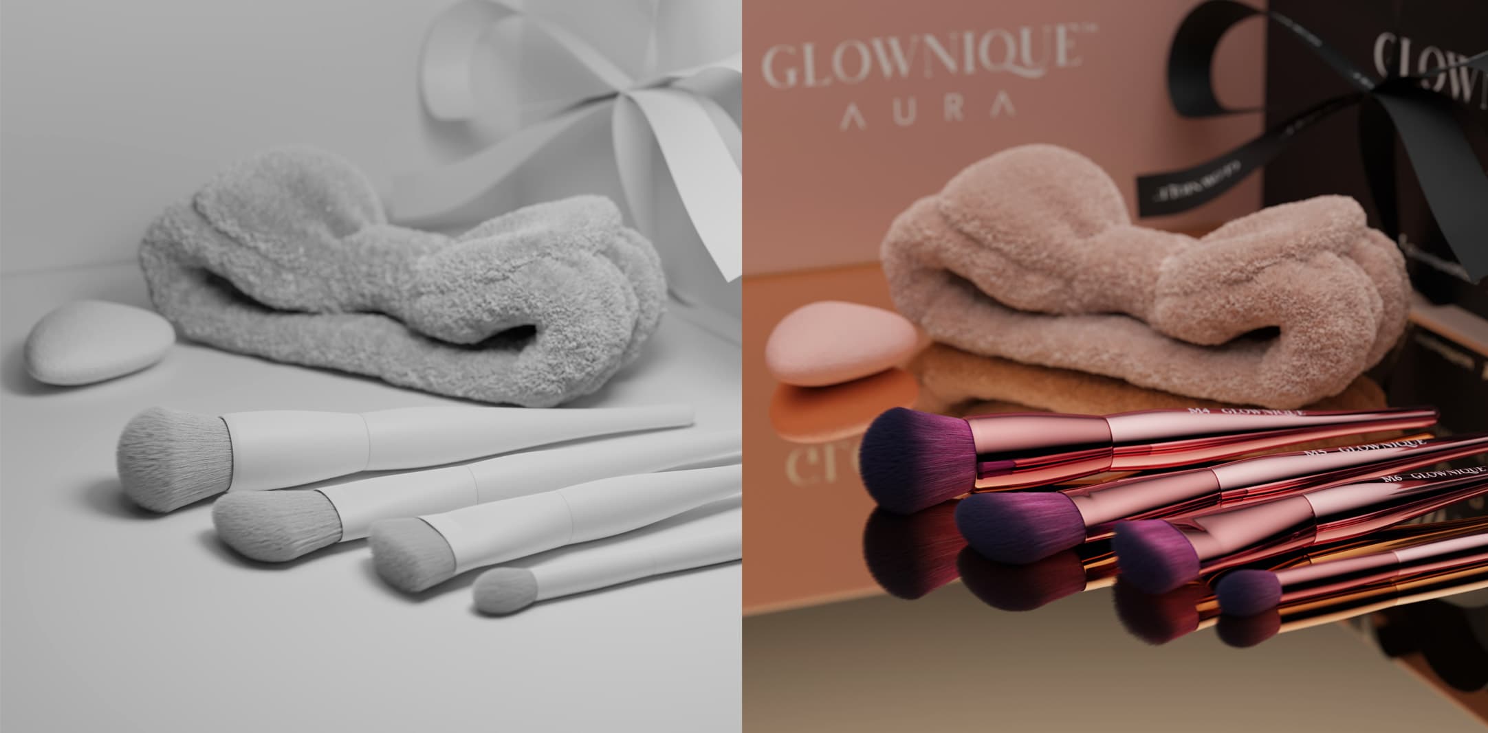Blender 3D product rendering of makeup brushes as creative product photography p