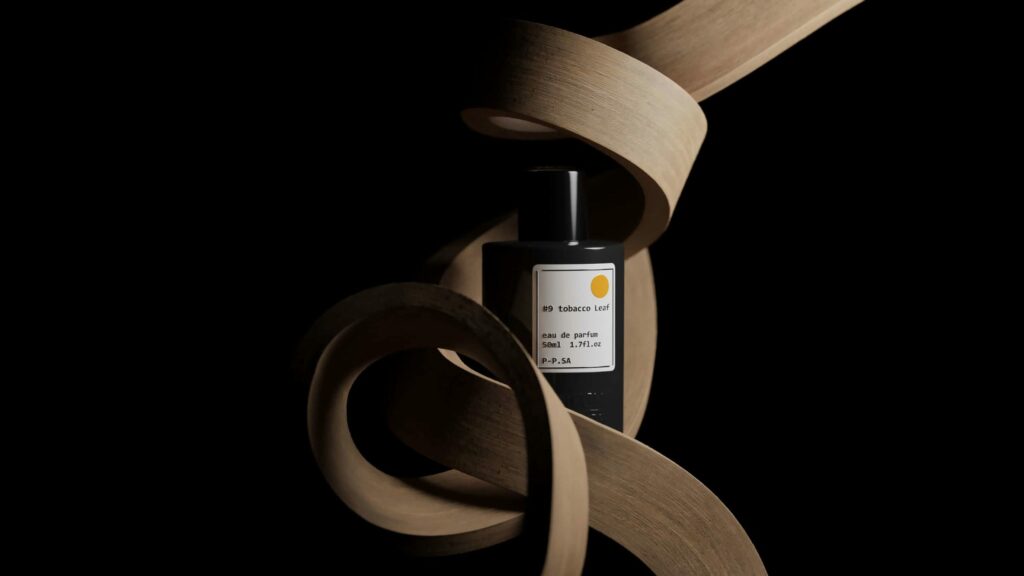 Atmospheric abstract product photography with a bottle sitting on a wooden abstract shape
