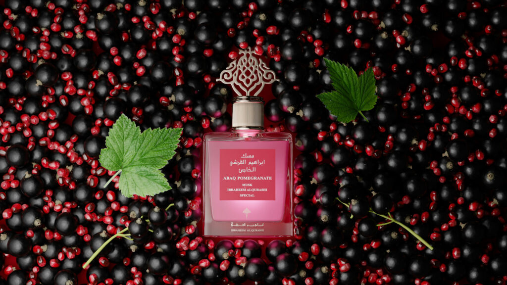 Ibraheem Al Qurashi Perfume - 3D scene with falling blueberries and Pomegranate seeds