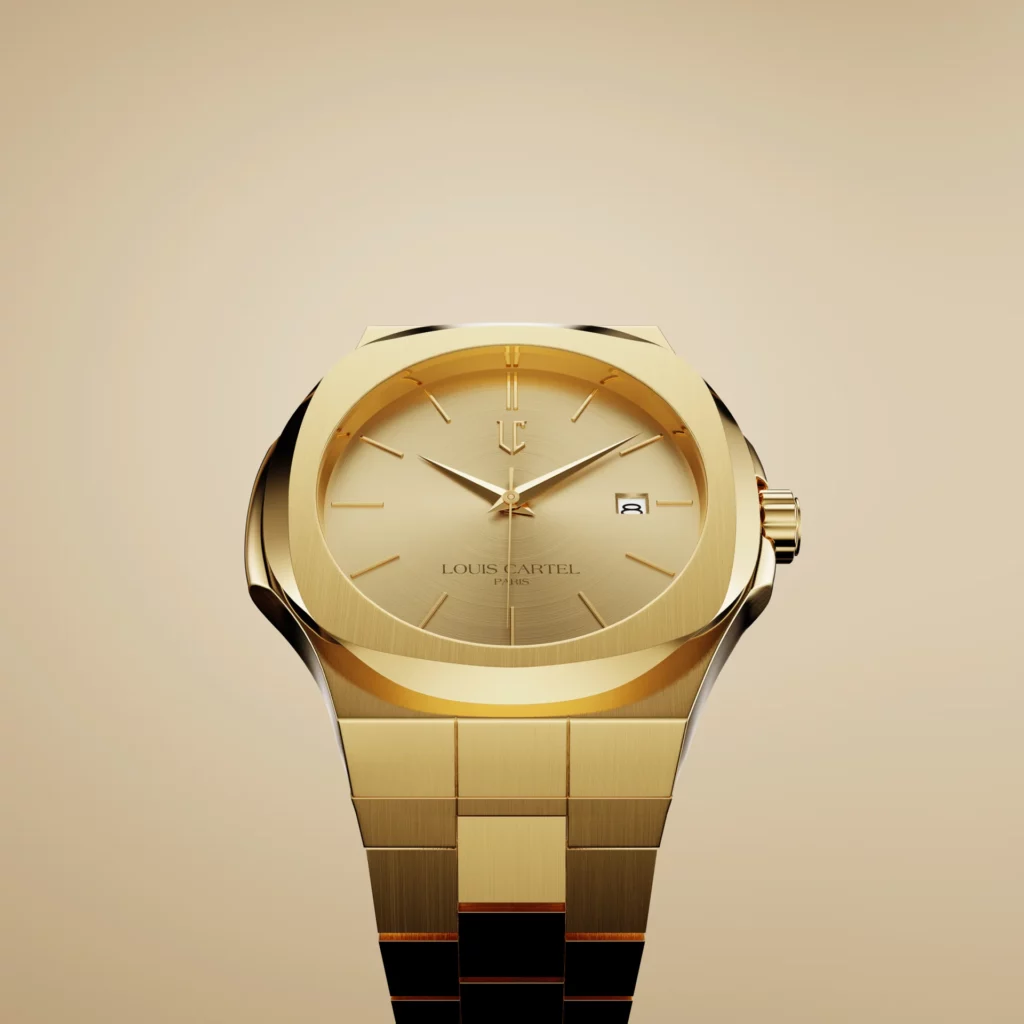 Hero watch product photography of a golden watch for Louis Cartel