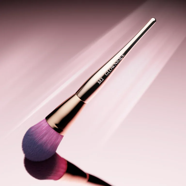 A vibrant pink brush featuring a purple handle is displayed against a matching pink background, emphasizing its colorful design