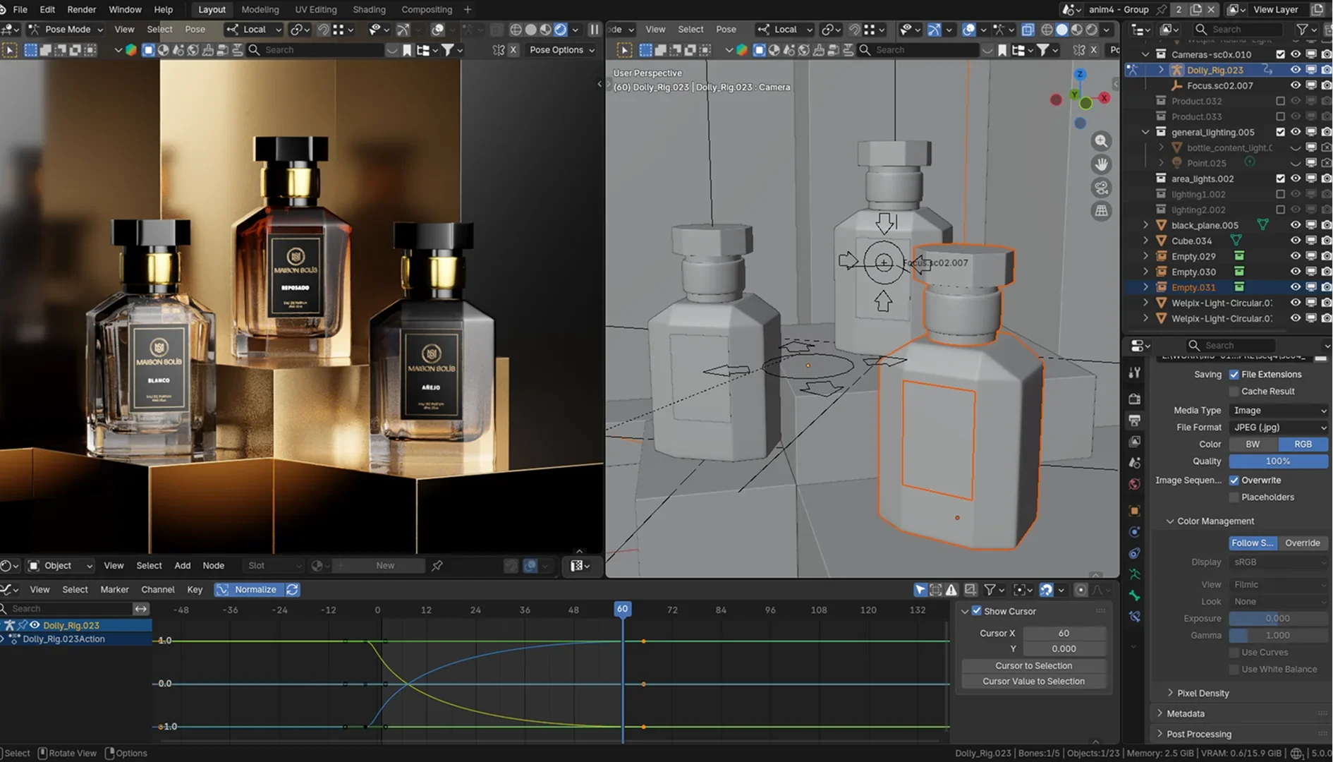 3D software interface showing post-processing, meshes, and animation keyframes for a luxury perfume render on gold pedestals.